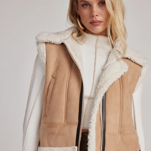 Women's Cream and Tan Shearling Vest - Picture 2 of 8